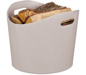 Relaxdays cesta para leña piel sintética l, canasto con asas para guardar troncos, para madera de chimenea, gris claro