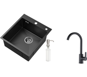 Fregadero de cocina 1 bandeja negro,inox,44*49*20 cm,con dispensador de jabón+mezclador cocina girante de 360°,barbote desmontable,negro