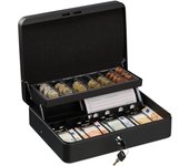 Relaxdays caja dinero con llave, bandeja monedas y 4 compartimentos billetes, cajita hierro, 8,5x30,5x24,5 cm, negro