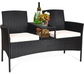 Banco de jardín de polirratán con mesa, banco de 2 plazas con cojín y respaldo ergonómico, resistente a la intemperie y a la decoloración, 138x61x85cm