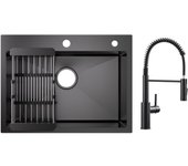 Fregadero de cocina cecipa max de 1 seno de inox 60×45×18 cm - negro fregadero de 1 seno con escurridor + mezclador de resorte con ducha extraíble