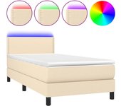 Cama con somier tapizado con colchón y luces led, tela crema, 90x200 cm
