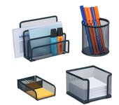 Relaxdays organizador escritorio 4 piezas rejilla, metal, soporte cartas, caja pósits y clips, portalápices, antracita