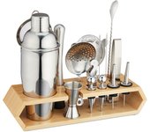 Relaxdays kit coctelería 16 utensilios con soporte, coctelera, medidor cóctel, acero y bambú, plateado/madera natural