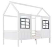 Cama casa, cama individual, cama supletoria, cama para niños con 2 ventanas, estructura de pino, mdf, blanca