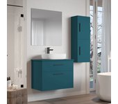 Mueble de baño suspendido con tapa y lavabo cerámico y espejo | 90 cm | 2 cajones con cierre amortiguado y organizador | azul city.