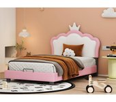 Cama infantil con cabecero en forma de corona + somier - 90x200cm - polipiel - rosa