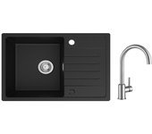 Fregadero de 1 seno de cuarzo y resina - fregadero negro con escurridor 78x45 cm + mezclador de cocina de acero inoxidable cepillado