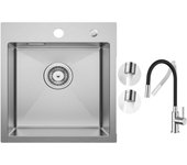 Fregadero de cocina 1 seno fregadero de acero inoxidable 40 × 45 cm fregadero encastrable cepillado + mezclador de cocina flexible, 2 tipos de chorros
