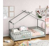 Cama infantil cabina 90x200cm de madera maciza con protección contra caídas y somier de láminas - gris