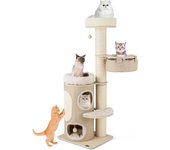 Árbol para gatos xxl 154cm de varios niveles con poste rascador grande de sisal, 2 pisos, 2 perchas, hamaca, pelota interactiva, beige
