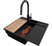 Primagran fregadero granito negro 62x53cm, fregadero cocina 1 seno + sifón + accesorios, fregadero sobre encimera al mueble 45cm - sydney pocket