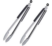 Set 2 pinzas barbacoa xxl, parrilla y cocina, con anillo colgante, acero inoxidable y madera, 38 cm, plateado/negro