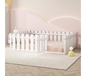 Cama infantil de 140 x 200 cm, estructura de madera con borde y puerta, color blanco (sin somier)