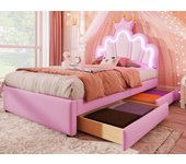 Cama infantil tapizada 90x200 cm - con led y 2 cajones - rosa