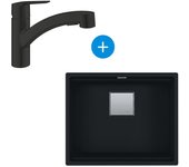 Franke set kubus fregadero bajo encimera 56x46 cm fragranit+, negro mate +start mezclador monomando con teleducha (kng110-52mc-start1)