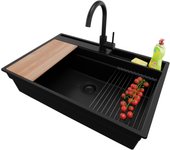 Primagran fregadero granito todo negro 78x53cm, fregadero cocina 1 seno + sifón + accesorios, fregadero sobre encimera al mueble 80cm - oslo pocket