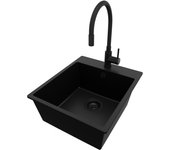 Primagran fregadero granito todo negro 43x50cm, fregadero cocina 1 seno + grifo 40x13cm + sifón, fregadero sobre encimera al mueble 45cm - riga
