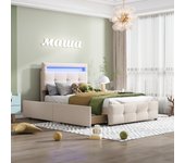 Cama individual 90x200cm en tejido de lino con led y 2 cajones - beige