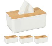 Set 4 cajas para pañuelos, para el baño, modernas, tapa de bambú, plástico, 10 x 23 x 13 cm, blanco y marrón natural