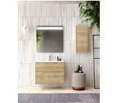 Mueble de baño suspendido con lavabo cerámico | 90 cm | 2 cajones con cierre amortiguado y organizador | roble natural - cromo brillo
