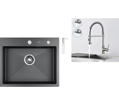 Fregadero cocina 1 contenedor 55*45cm negro+grifo de cocina con resorte con ducha extensible,2 modos, girante 360°,cepillado