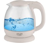 Hervidor agua eléctrico 1 litro jarra cristal inalámbrica retroiluminada, apagado automático, adler, crema, 1100, ad1283c