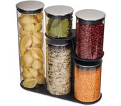 Joseph joseph podium 100 set di 5 barattoli in vetro con base di supporto, silicone borosilicato, nero