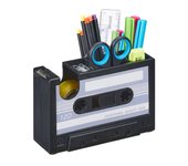 Relaxdays organizador escritorio diseño de cassette, portalápices retro, cubillete bolígrafos con portaclips, gris/negro