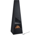 Relaxdays chimenea exterior con barbacoa, caja cenizas, salvachispas, atizador, parrilla jardín, 149x44,5x44,5 cm, negro