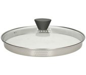 Tapa colador borde acero 28 cm cristal transparente