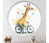 Vinilo adhesivo decorativo trampantojo 3d para niños - infantil - jirafa en bicicleta