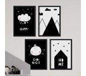 Set de 4 láminas casita, luna, montañas y nube con corazones. posters de animales. sin marco - a4