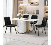Conjunto de mesa de comedor plegable con 4 sillas de terciopelo - 43/150 x 80 x 76 cm - patas de mdf y metal dorado - aspecto mármol - blanco + negro