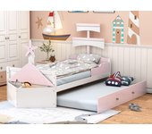 Cama infantil de madera de 90x200 cm - con cama nido de 90x190 cm y arcón - en forma de velero - rosa