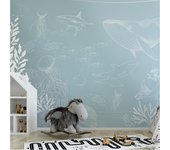 Papel pintado panorámico océano y animales marinos azul cielo 225x250cm
