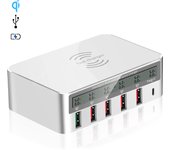 Multi cargador qi rápido, con 4 tomas usb, 1 salida qc (quick charge) y 1 salida tipo c. pantalla de información lcd. 11,5x4,2x8 cm. color: blanco dam