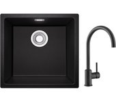 Fregadero de 1 seno en cuarzo y resina, 3 opciones de montaje, 45*44*20cm + grifo de cocina monomando de acero inoxidable negro