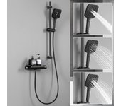 Lonheo max columna de ducha 38°c termostática negro + estantes de cristal templado + teleducha 3 tipos de chorros