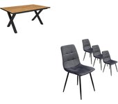 Conjunto salón, mesa de comedor, 167x90x75cm, roble y borde negro, industrial, mesa fija, pack de 4 sillas de comedor, silla tapizada
