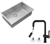 Fregadero de cocina cepillado 70*44*19cm inox+grifo de cocina con ducha extraíble rotativa 360 °2 funciones, mampolla desmontable,negro