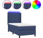 Cama con somier, colchón y luces led, tela azul, 90x190 cm