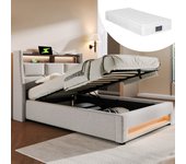 Cama tapizada con usb 90x200cm, cama individual led con somier de láminas de metal, estructura de cama de lino, cama juvenil (con colchón)