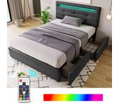 Cama 90 x 200 cm - tejido de lino - led - gris