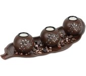 Relaxdays set portavelas con bandeja y piedras decorativas, 50,5 cm de largo, 3 velitas, decoración de mesa, marrón