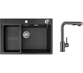 Fregadero de 1 lavabo 70x45cm fregadero de resina y cuarzo negro con escurridor y dispensador de jabón + grifo de cocina monomando con ducha extraíble