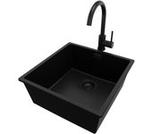 Primagran fregadero granito todo negro 46x47cm, fregadero cocina 1 seno + sifón + accesorios, fregadero sobre encimera al mueble 50cm - london slim