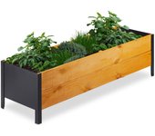 Relaxdays huerto urbano con tela, 32,5x118x35 cm, jardinera madera terraza, balcón y jardín, rectangular, marrón natural