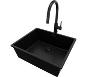 Primagran fregadero granito todo negro 56x47cm, fregadero cocina 1 seno + sifón + accesorios, fregadero sobre encimera al mueble 60cm - london slim