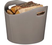 Relaxdays cesta para leña piel sintética l, canasto para troncos con asas, para madera de chimenea, gris oscuro
